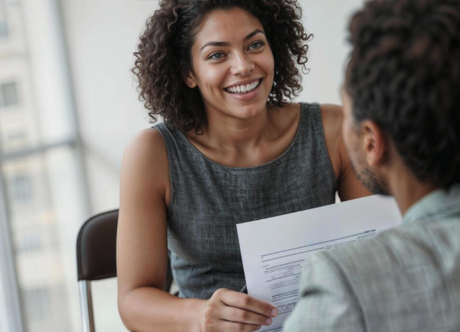 A candidate and interviewer in a warm conversation