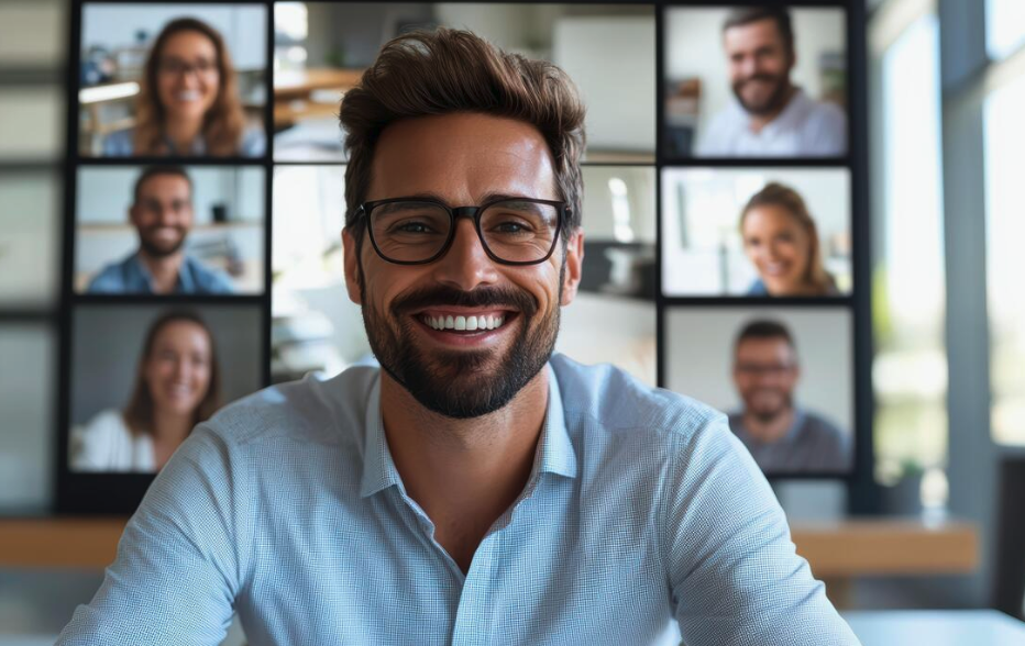 A candidate smiling in a video interview, the panel on screen behind